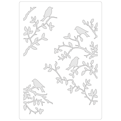 Reusable Stencil - Professional Quality - Birds On Branches - Made in the UK - Food Safe Non Adhesive -  White Laser Cut PET Material for Cakes, Cookies, Coffees, Serving Plates