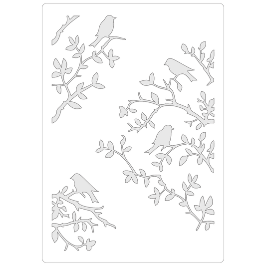 Reusable Stencil - Professional Quality - Birds On Branches - Made in the UK - Food Safe Non Adhesive -  White Laser Cut PET Material for Cakes, Cookies, Coffees, Serving Plates