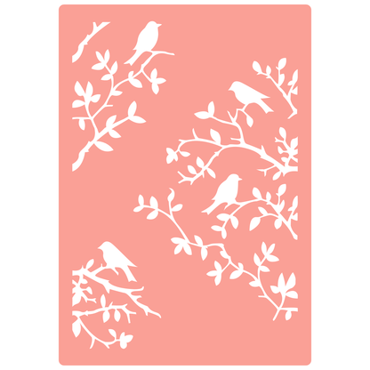 Reusable Stencil - Professional Quality - Birds On Branches - Made in the UK - High Adhesive -  Pink Vinyl Material for Glass, Mirrors, Bottles, Tiles, Wood
