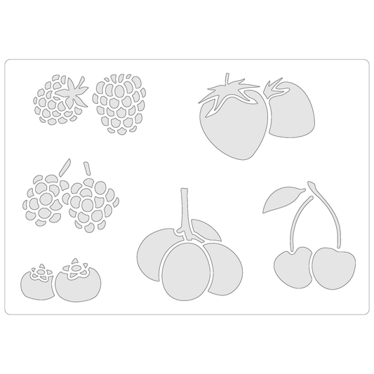 Reusable Stencil - Professional Quality - Bold Berries - Made in the UK - Food Safe Non Adhesive -  White Laser Cut PET Material for Cakes, Cookies, Coffees, Serving Plates