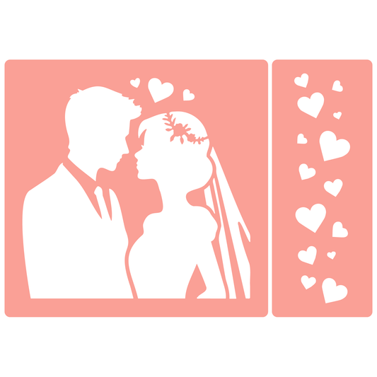 Reusable Stencil - Professional Quality - Bride & Groom #2 - Made in the UK - High Adhesive -  Pink Vinyl Material for Glass, Mirrors, Bottles, Tiles, Wood