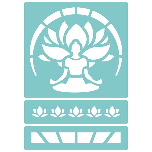 Reusable Stencil - Professional Quality - Buddha Lotus Aura - Made in the UK - Low Adhesive -  Blue Vinyl Material for Cardmaking, Canvas, Paper, Interior Decor, Layering