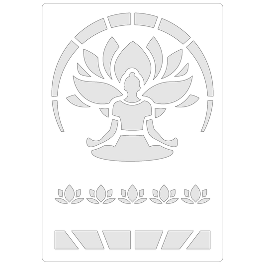 Reusable Stencil - Professional Quality - Buddha Lotus Aura - Made in the UK - Food Safe Non Adhesive -  White Laser Cut PET Material for Cakes, Cookies, Coffees, Serving Plates