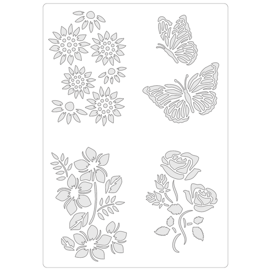 Reusable Stencil - Professional Quality - Butterflies & Flowers #2 - Made in the UK - Food Safe Non Adhesive -  White Laser Cut PET Material for Cakes, Cookies, Coffees, Serving Plates