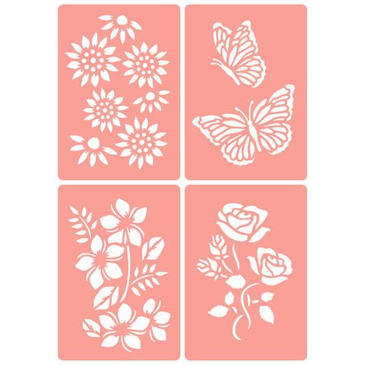 Reusable Stencil - Professional Quality - Butterflies & Flowers #2 - Made in the UK - High Adhesive -  Pink Vinyl Material for Glass, Mirrors, Bottles, Tiles, Wood