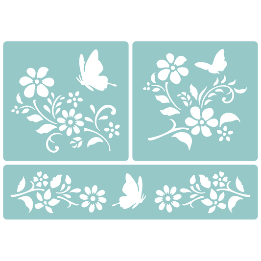 Reusable Stencil - Professional Quality - Butterflies & Flowers - Made in the UK - Low Adhesive -  Blue Vinyl Material for Cardmaking, Canvas, Paper, Interior Decor, Layering
