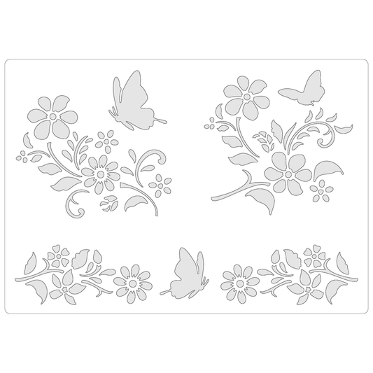 Reusable Stencil - Professional Quality - Butterflies & Flowers - Made in the UK - Food Safe Non Adhesive -  White Laser Cut PET Material for Cakes, Cookies, Coffees, Serving Plates