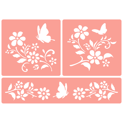 Reusable Stencil - Professional Quality - Butterflies & Flowers - Made in the UK - High Adhesive -  Pink Vinyl Material for Glass, Mirrors, Bottles, Tiles, Wood
