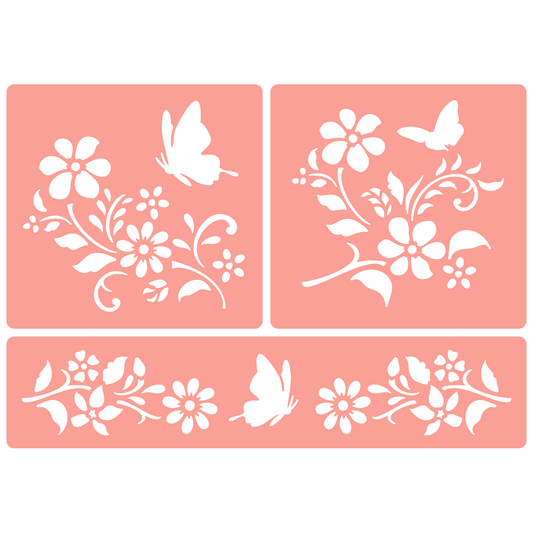 Reusable Stencil - Professional Quality - Butterflies & Flowers - Made in the UK - High Adhesive -  Pink Vinyl Material for Glass, Mirrors, Bottles, Tiles, Wood