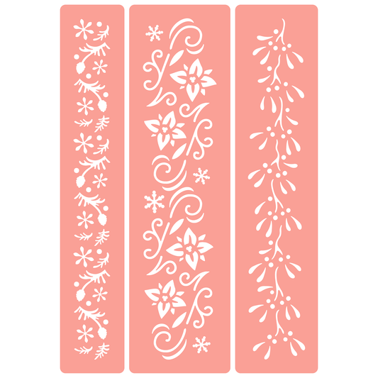 Reusable Stencil - Professional Quality - Christmas Borders #1 - Made in the UK - High Adhesive -  Pink Vinyl Material for Glass, Mirrors, Bottles, Tiles, Wood