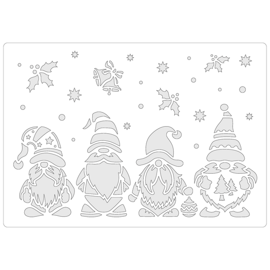 Reusable Stencil - Professional Quality - Christmas Gnomes #2 - Made in the UK - Food Safe Non Adhesive -  White Laser Cut PET Material for Cakes, Cookies, Coffees, Serving Plates