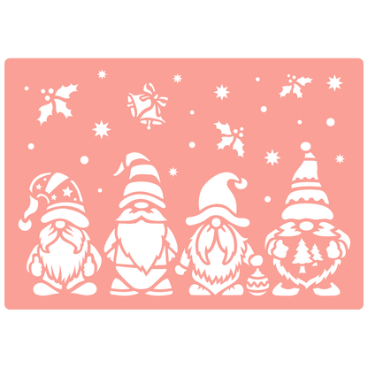 Reusable Stencil - Professional Quality - Christmas Gnomes #2 - Made in the UK - High Adhesive -  Pink Vinyl Material for Glass, Mirrors, Bottles, Tiles, Wood