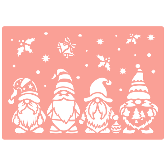 Reusable Stencil - Professional Quality - Christmas Gnomes #2 - Made in the UK - High Adhesive -  Pink Vinyl Material for Glass, Mirrors, Bottles, Tiles, Wood