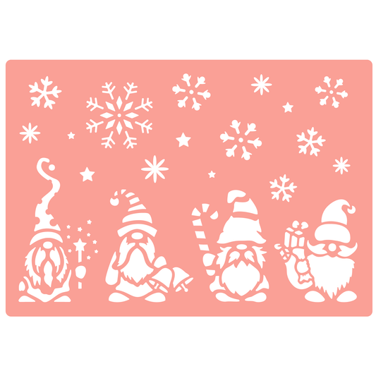 Reusable Stencil - Professional Quality - Christmas Gnomes #3 - Made in the UK - High Adhesive -  Pink Vinyl Material for Glass, Mirrors, Bottles, Tiles, Wood