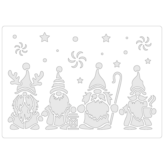 Reusable Stencil - Professional Quality - Christmas Gnomes #4 - Made in the UK - Food Safe Non Adhesive -  White Laser Cut PET Material for Cakes, Cookies, Coffees, Serving Plates