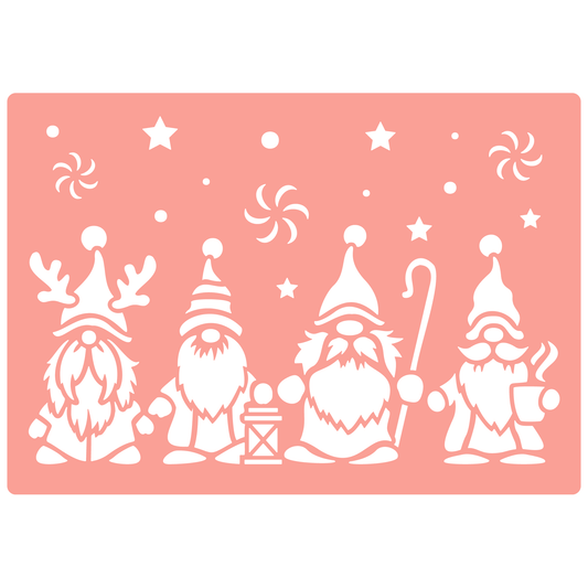 Reusable Stencil - Professional Quality - Christmas Gnomes #4 - Made in the UK - High Adhesive -  Pink Vinyl Material for Glass, Mirrors, Bottles, Tiles, Wood