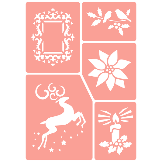 Reusable Stencil - Professional Quality - Christmas Selection #2 - Made in the UK - High Adhesive -  Pink Vinyl Material for Glass, Mirrors, Bottles, Tiles, Wood