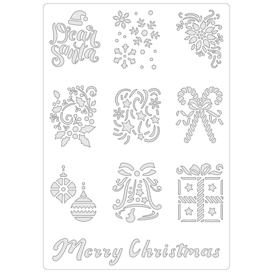 Reusable Stencil - Professional Quality - Christmas Tile Collection - Made in the UK - Food Safe Non Adhesive -  White Laser Cut PET Material for Cakes, Cookies, Coffees, Serving Plates