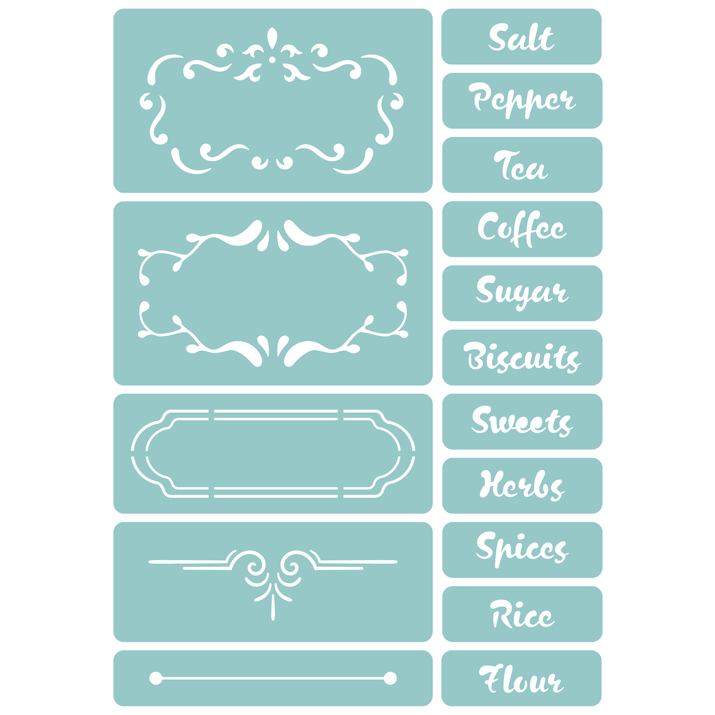 Reusable Stencil - Professional Quality - Country Kitchen Labels - Made in the UK - Low Adhesive -  Blue Vinyl Material for Cardmaking, Canvas, Paper, Interior Decor, Layering