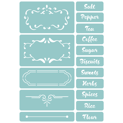 Reusable Stencil - Professional Quality - Country Kitchen Labels - Made in the UK - Low Adhesive -  Blue Vinyl Material for Cardmaking, Canvas, Paper, Interior Decor, Layering