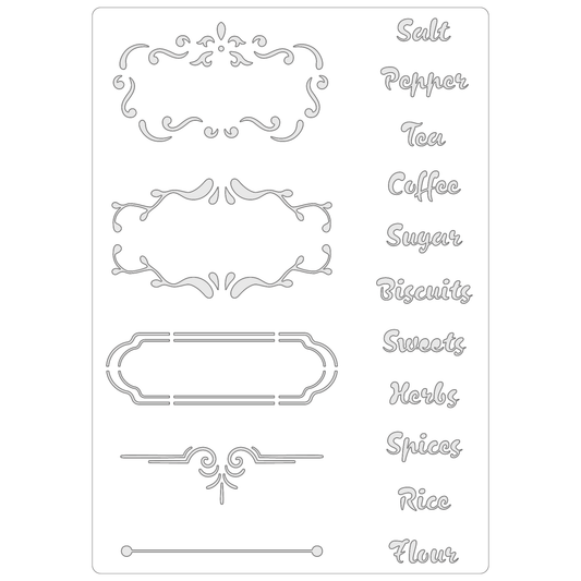 Reusable Stencil - Professional Quality - Country Kitchen Labels - Made in the UK - Food Safe Non Adhesive -  White Laser Cut PET Material for Cakes, Cookies, Coffees, Serving Plates