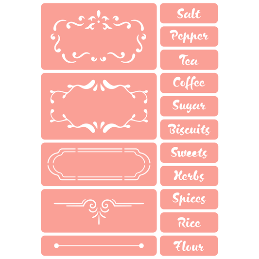 Reusable Stencil - Professional Quality - Country Kitchen Labels - Made in the UK - High Adhesive -  Pink Vinyl Material for Glass, Mirrors, Bottles, Tiles, Wood