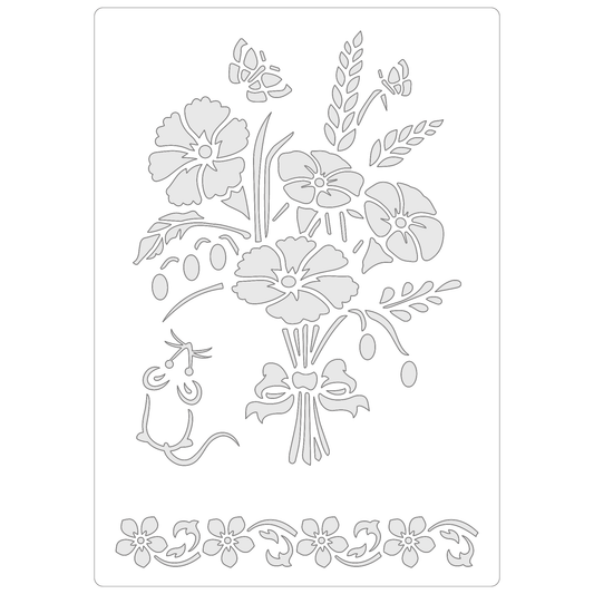 Reusable Stencil - Professional Quality - Countryside Bouquet - Made in the UK - Food Safe Non Adhesive -  White Laser Cut PET Material for Cakes, Cookies, Coffees, Serving Plates