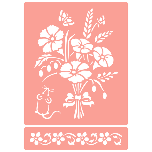 Reusable Stencil - Professional Quality - Countryside Bouquet - Made in the UK - High Adhesive -  Pink Vinyl Material for Glass, Mirrors, Bottles, Tiles, Wood