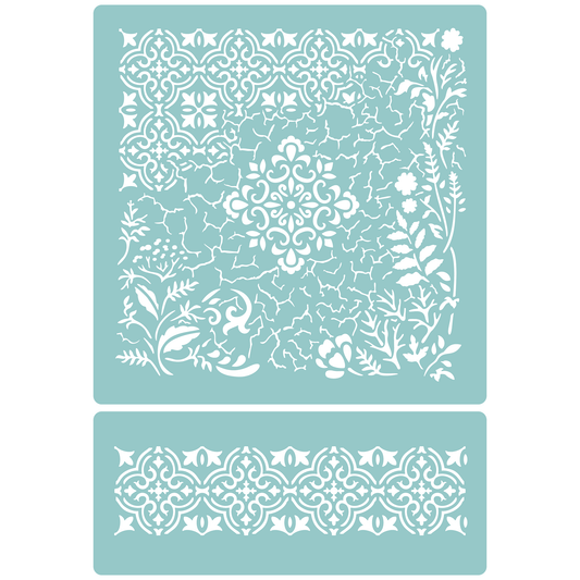 Reusable Stencil - Professional Quality - Crackle & Leaves Mix Media - Made in the UK - Low Adhesive -  Blue Vinyl Material for Cardmaking, Canvas, Paper, Interior Decor, Layering