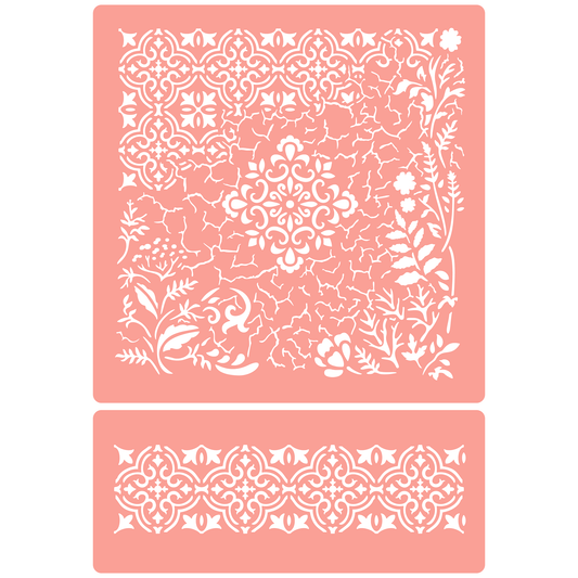 Reusable Stencil - Professional Quality - Crackle & Leaves Mix Media - Made in the UK - High Adhesive -  Pink Vinyl Material for Glass, Mirrors, Bottles, Tiles, Wood
