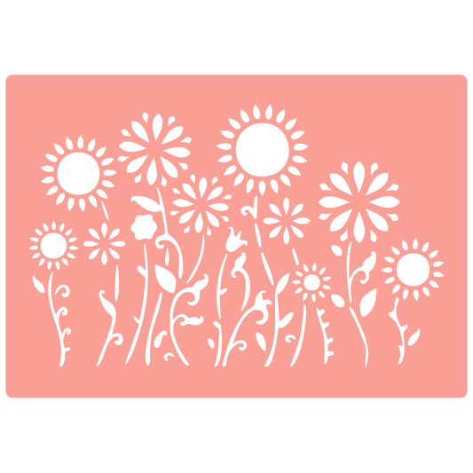 Reusable Stencil - Professional Quality - Crazy Sunflowers - Made in the UK - High Adhesive -  Pink Vinyl Material for Glass, Mirrors, Bottles, Tiles, Wood