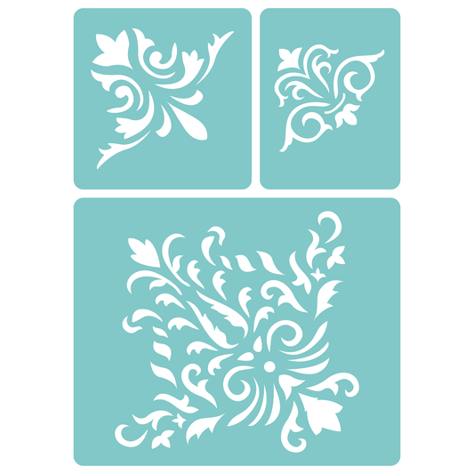 Reusable Stencil - Professional Quality - Damask Corners #1 - Made in the UK - Low Adhesive -  Blue Vinyl Material for Cardmaking, Canvas, Paper, Interior Decor, Layering