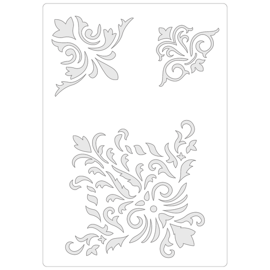 Reusable Stencil - Professional Quality - Damask Corners #1 - Made in the UK - Food Safe Non Adhesive -  White Laser Cut PET Material for Cakes, Cookies, Coffees, Serving Plates