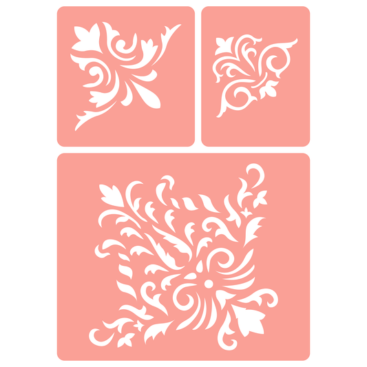 Reusable Stencil - Professional Quality - Damask Corners #1 - Made in the UK - High Adhesive -  Pink Vinyl Material for Glass, Mirrors, Bottles, Tiles, Wood