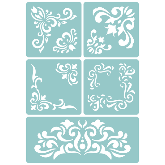 Reusable Stencil - Professional Quality - Damask Corners #2 - Made in the UK - Low Adhesive -  Blue Vinyl Material for Cardmaking, Canvas, Paper, Interior Decor, Layering