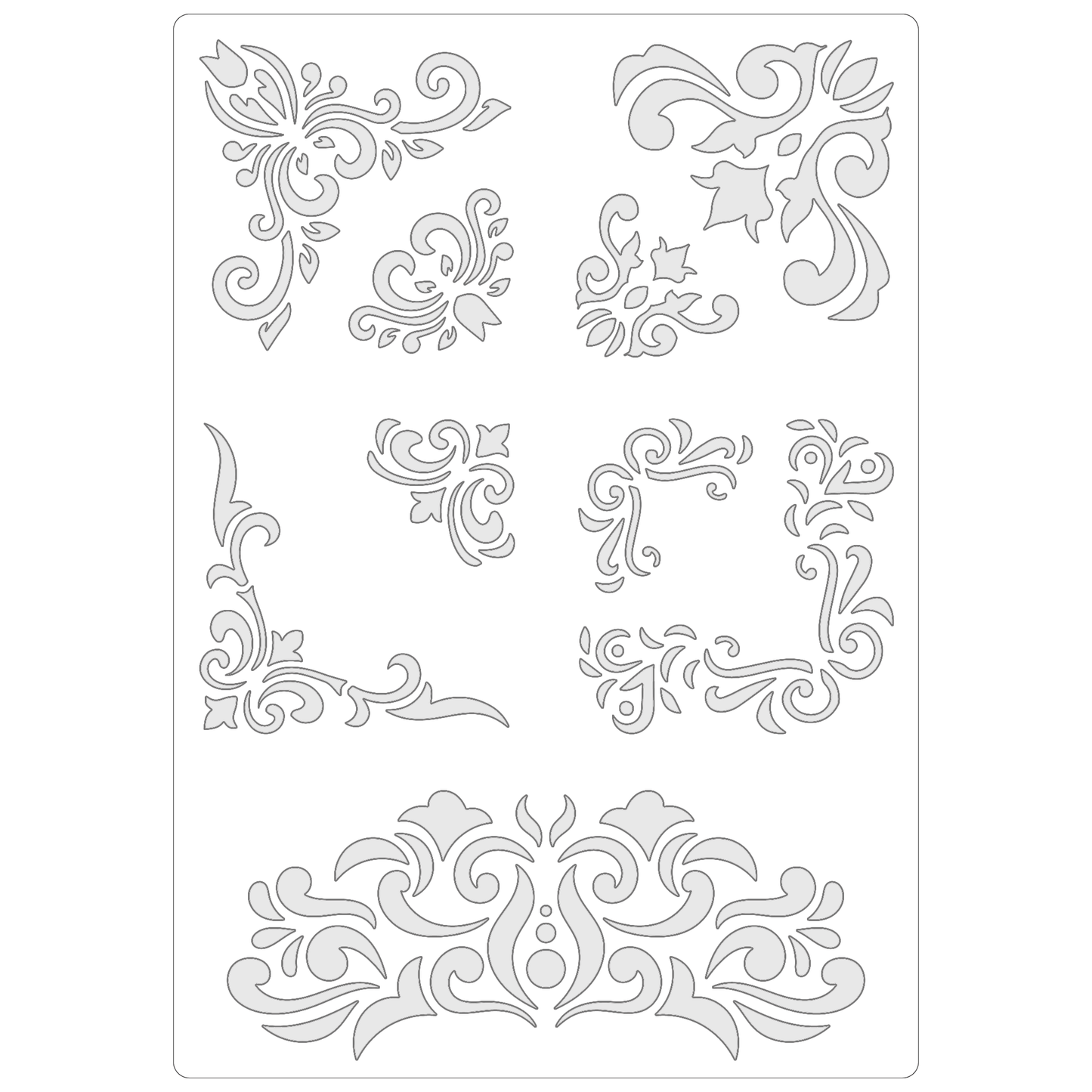 Reusable Stencil - Professional Quality - Damask Corners #2 - Made in the UK - Food Safe Non Adhesive -  White Laser Cut PET Material for Cakes, Cookies, Coffees, Serving Plates