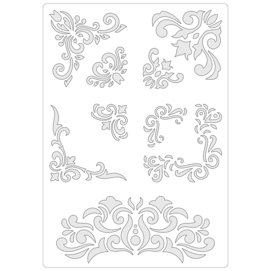 Reusable Stencil - Professional Quality - Damask Corners #2 - Made in the UK - Food Safe Non Adhesive -  White Laser Cut PET Material for Cakes, Cookies, Coffees, Serving Plates