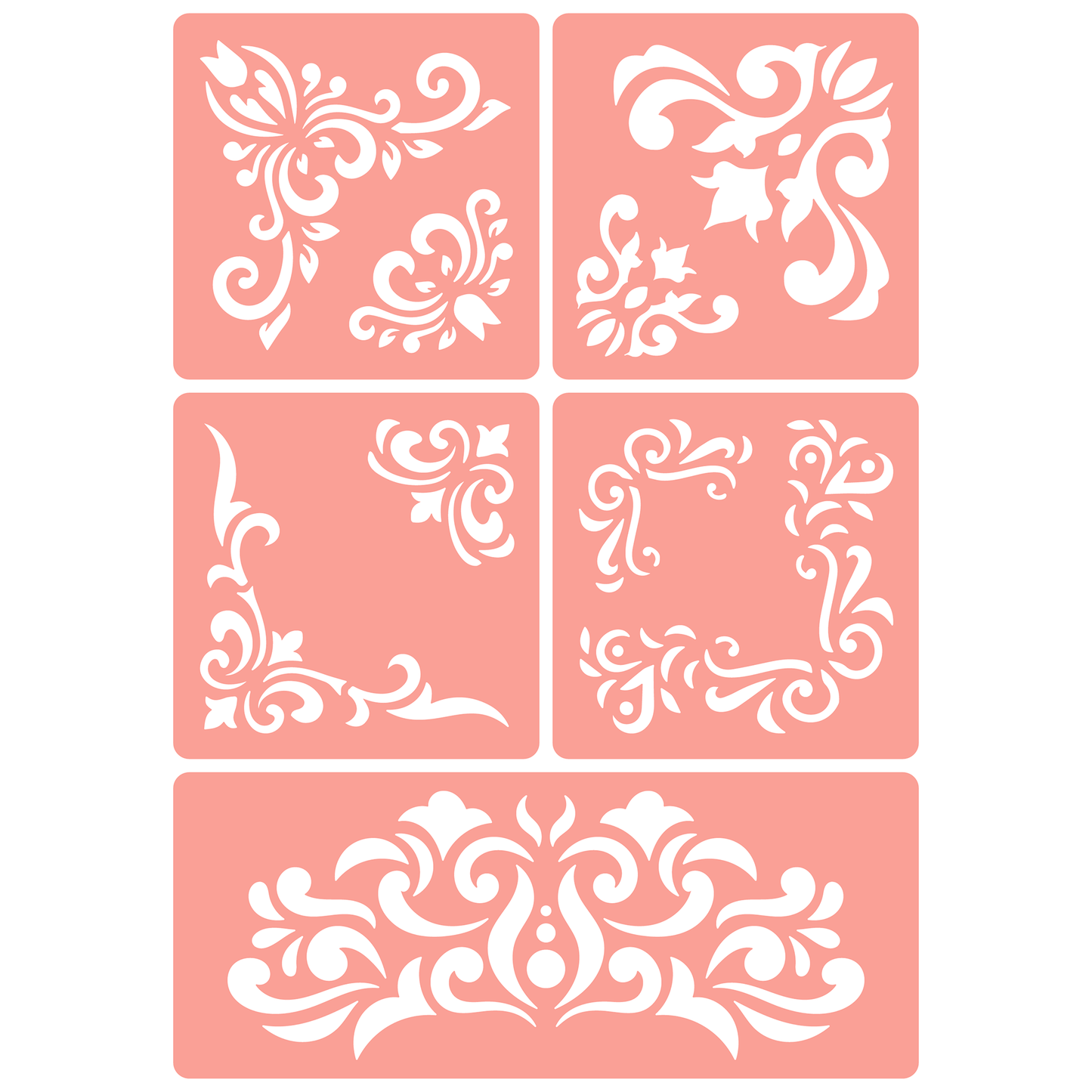 Reusable Stencil - Professional Quality - Damask Corners #2 - Made in the UK - High Adhesive -  Pink Vinyl Material for Glass, Mirrors, Bottles, Tiles, Wood