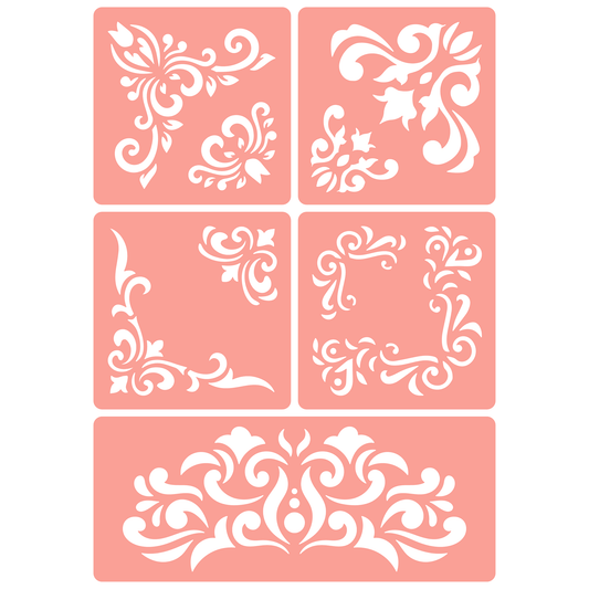 Reusable Stencil - Professional Quality - Damask Corners #2 - Made in the UK - High Adhesive -  Pink Vinyl Material for Glass, Mirrors, Bottles, Tiles, Wood