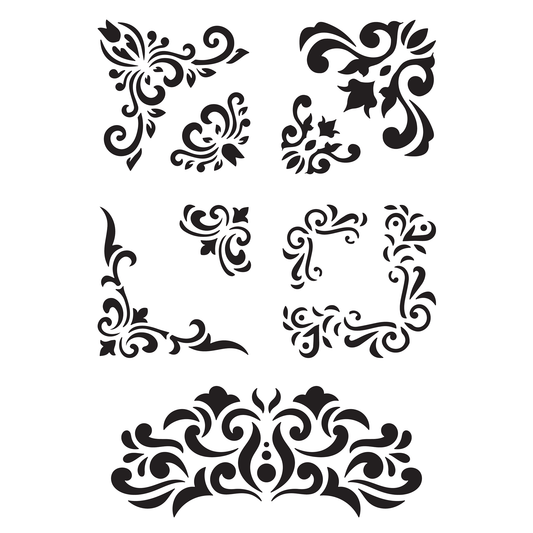 Reusable Stencil - Professional Quality - Damask Corners #2 - Made in the UK - Low Adhesive -  Blue Vinyl Material for Cardmaking, Canvas, Paper, Interior Decor, Layering