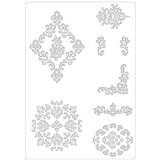 Reusable Stencil - Professional Quality - Damask Motif Collection - Made in the UK - Food Safe Non Adhesive -  White Laser Cut PET Material for Cakes, Cookies, Coffees, Serving Plates