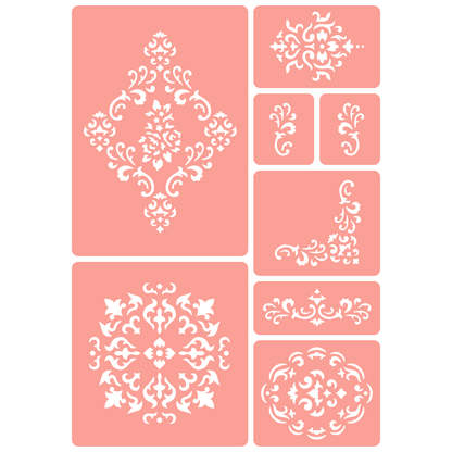 Reusable Stencil - Professional Quality - Damask Motif Collection - Made in the UK - High Adhesive -  Pink Vinyl Material for Glass, Mirrors, Bottles, Tiles, Wood