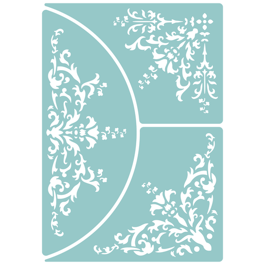 Reusable Stencil - Professional Quality - Damask Ornament Collection - Made in the UK - Low Adhesive -  Blue Vinyl Material for Cardmaking, Canvas, Paper, Interior Decor, Layering