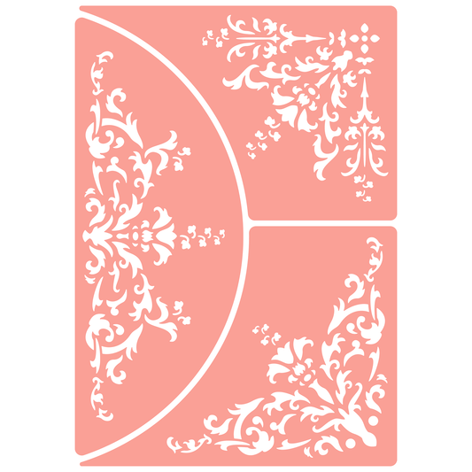 Reusable Stencil - Professional Quality - Damask Ornament Collection - Made in the UK - High Adhesive -  Pink Vinyl Material for Glass, Mirrors, Bottles, Tiles, Wood