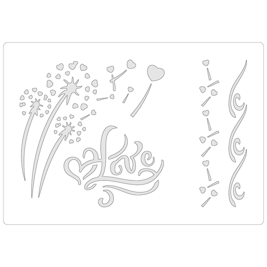 Reusable Stencil - Professional Quality - Dandelion Love - Made in the UK - Food Safe Non Adhesive -  White Laser Cut PET Material for Cakes, Cookies, Coffees, Serving Plates