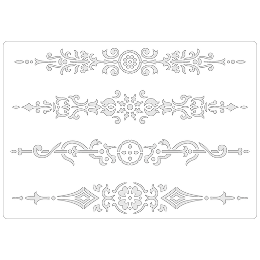Reusable Stencil - Professional Quality - Decorative Border Collection #1 - Made in the UK - Food Safe Non Adhesive -  White Laser Cut PET Material for Cakes, Cookies, Coffees, Serving Plates