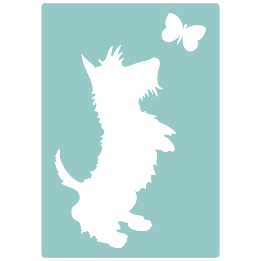 Reusable Stencil - Professional Quality - Dog & Butterfly - Made in the UK - Low Adhesive -  Blue Vinyl Material for Cardmaking, Canvas, Paper, Interior Decor, Layering