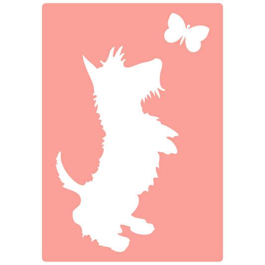 Reusable Stencil - Professional Quality - Dog & Butterfly - Made in the UK - High Adhesive -  Pink Vinyl Material for Glass, Mirrors, Bottles, Tiles, Wood