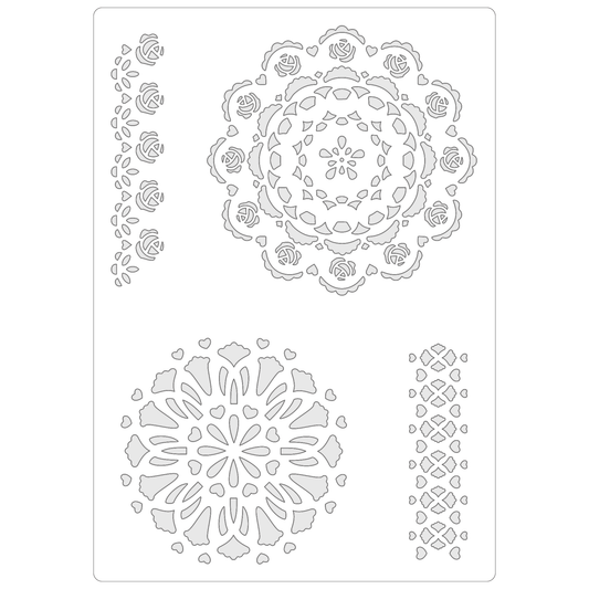 Reusable Stencil - Professional Quality - Doilies & Borders - Made in the UK - Food Safe Non Adhesive -  White Laser Cut PET Material for Cakes, Cookies, Coffees, Serving Plates