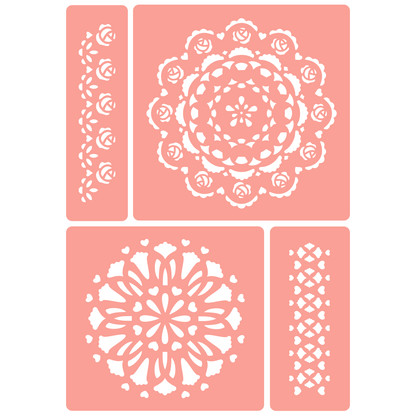 Reusable Stencil - Professional Quality - Doilies & Borders - Made in the UK - High Adhesive -  Pink Vinyl Material for Glass, Mirrors, Bottles, Tiles, Wood
